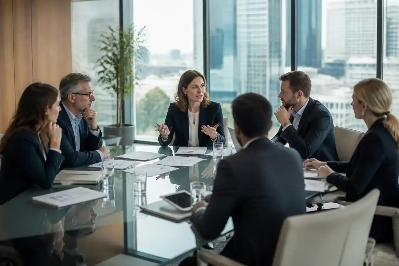 Bureau de direction luxueux avec documents stratégiques sur table en noyer