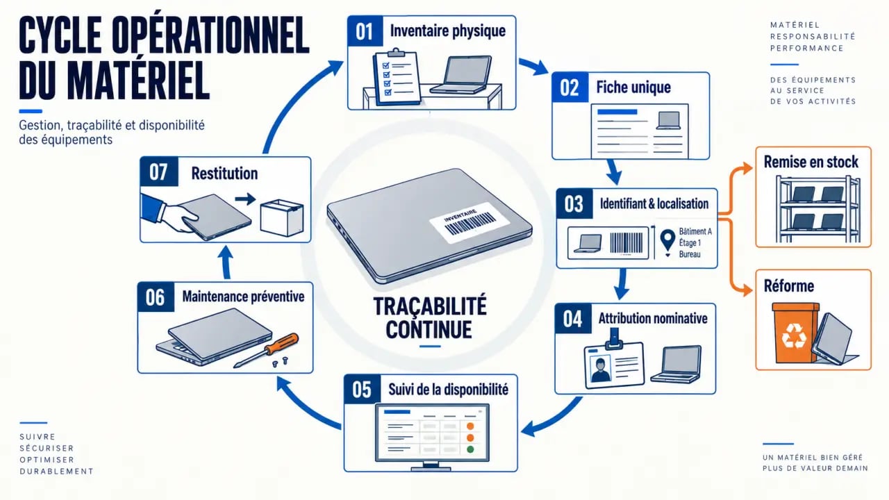 Infographie du processus de gestion du matériel dans une entreprise, de l’inventaire à la maintenance et à la restitution