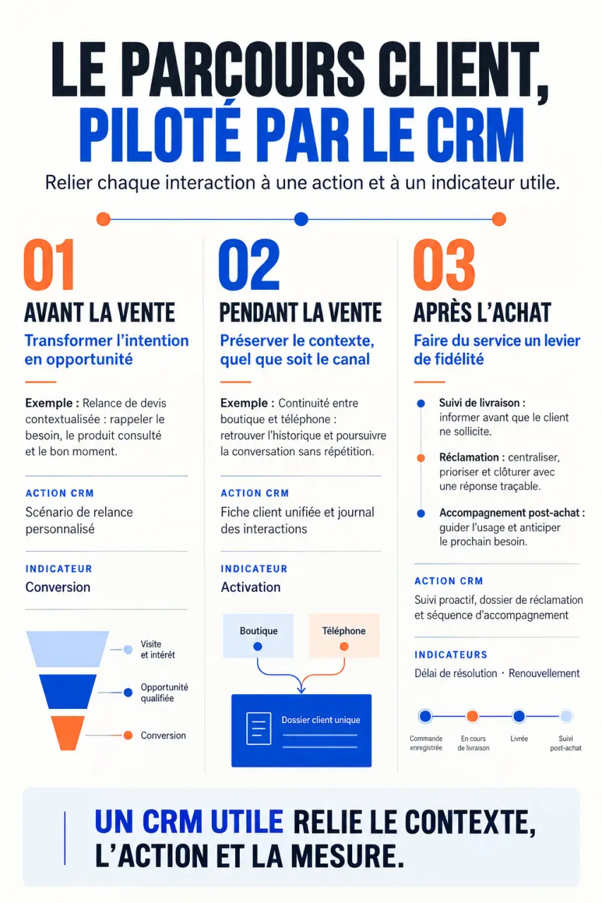 Infographie présentant des exemples de gestion de la relation client avant, pendant et après la vente