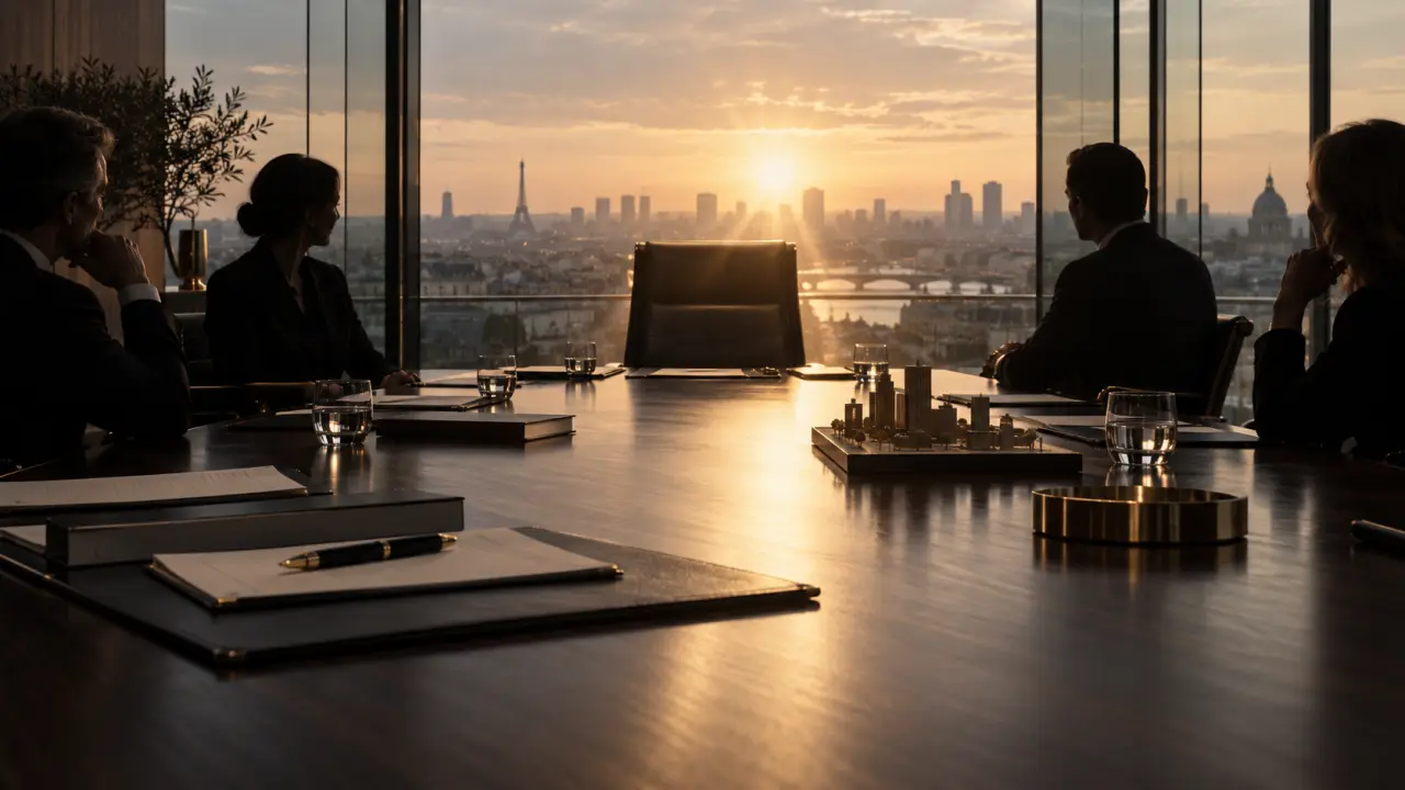 Documents stratégiques et stylo plume sur une table de direction