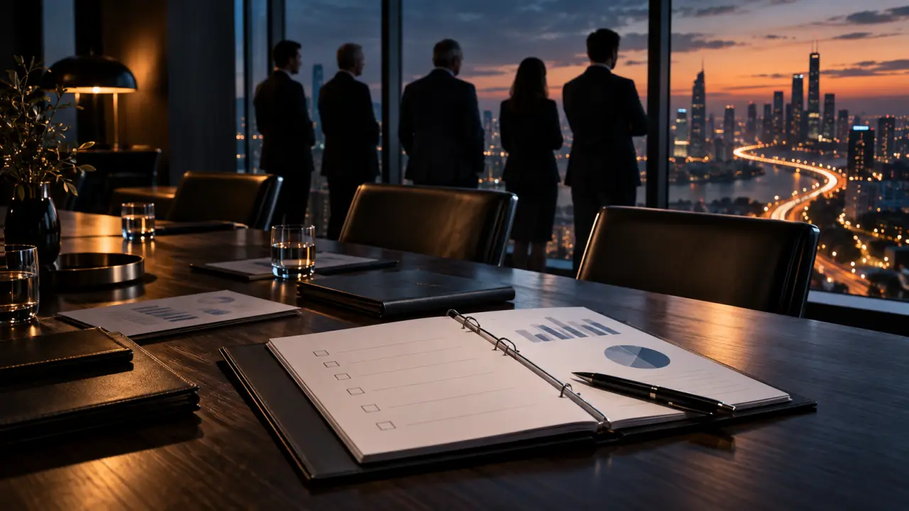 Documents stratégiques sur une table de direction avant une décision de gouvernance
