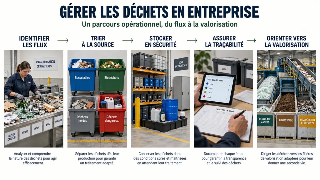 Gestion des déchets en entreprise : parcours du tri à la source à la traçabilité et à la valorisation