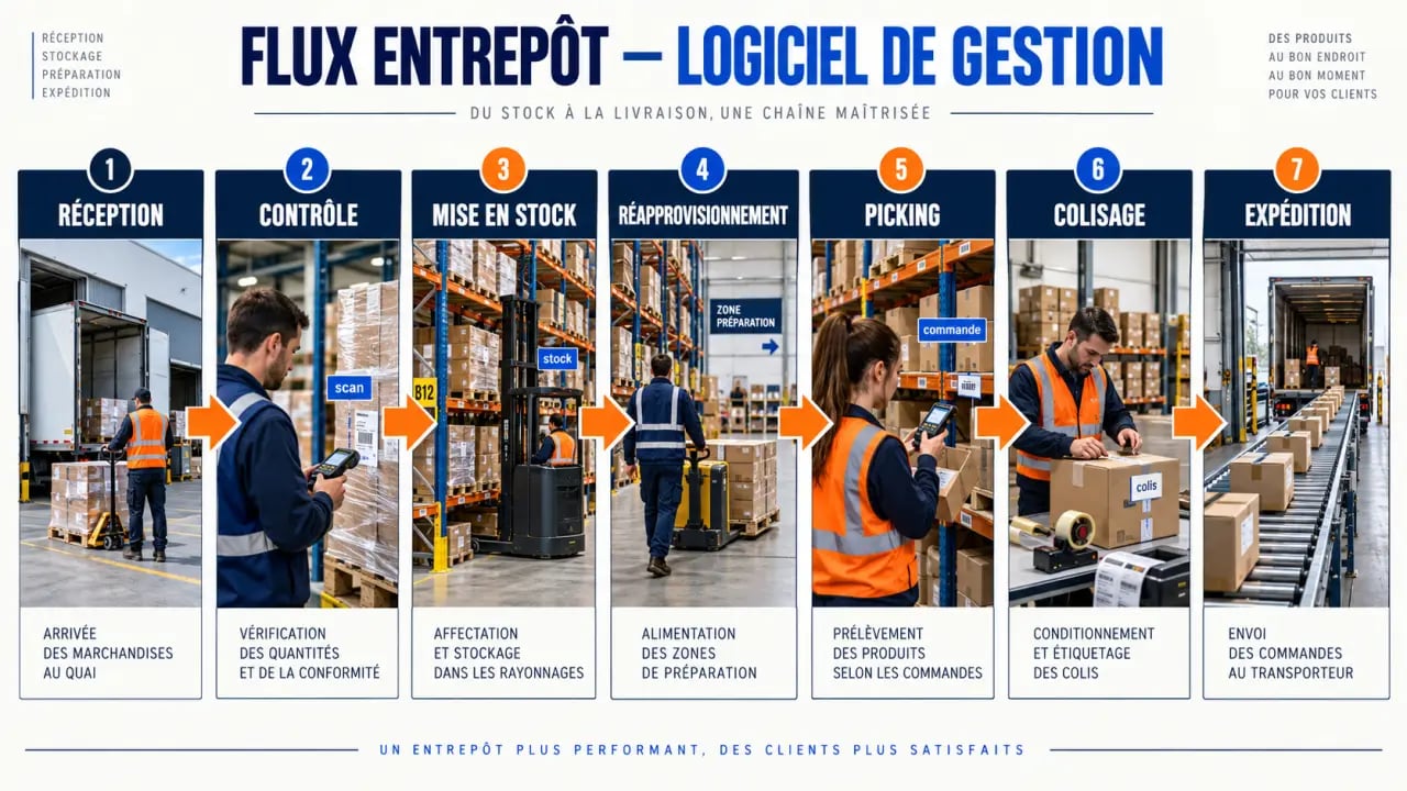 Schéma du flux piloté par un logiciel de gestion d'entrepôt, de la réception à l'expédition