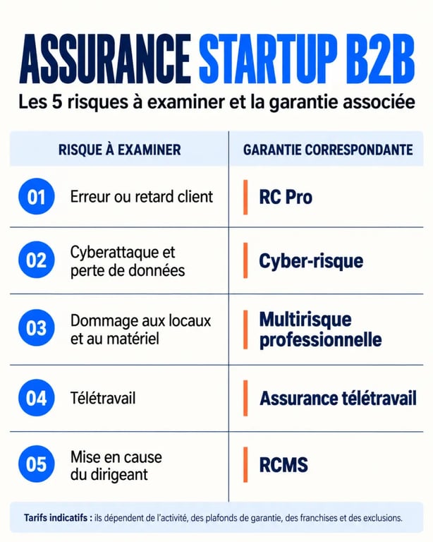 Infographie sur les garanties d’assurance startup B2B et les risques couverts