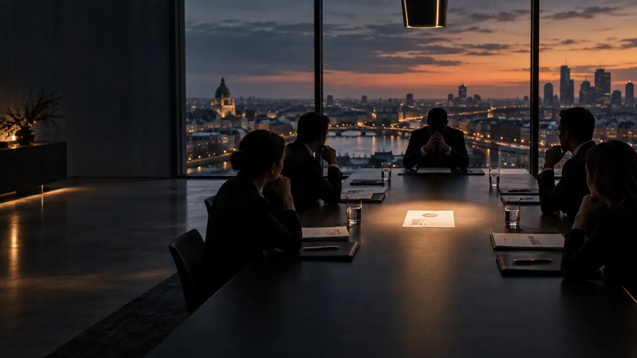 Documents stratégiques sur une table de direction, dans une lumière sobre et contrastée