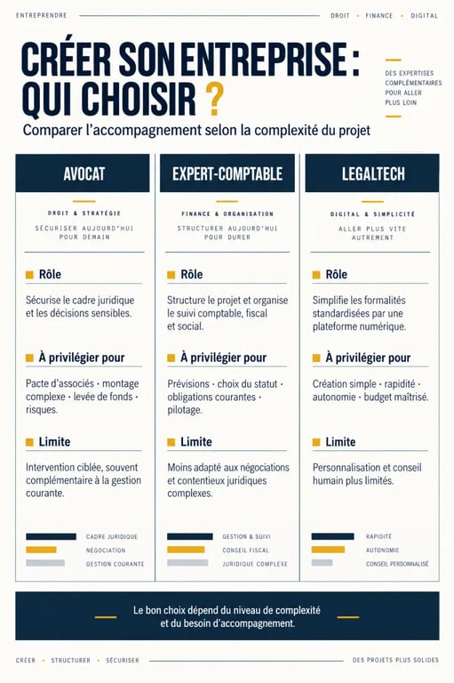 Avocat création entreprise : comparaison des rôles de l’avocat, de l’expert-comptable et de la legaltech