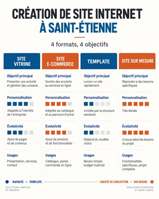 Infographie sur la création de site internet à Saint-Étienne : site vitrine, e-commerce, template et site sur mesure