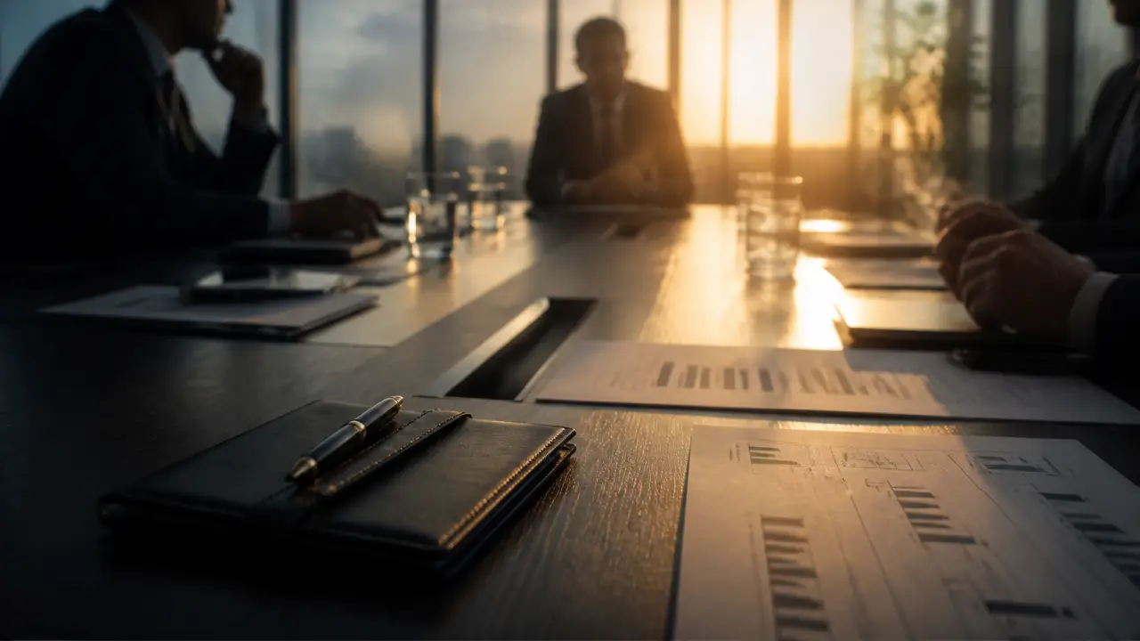 Bureau de direction luxueux, documents stratégiques sur table en noyer, atmosphère de clair-obscur