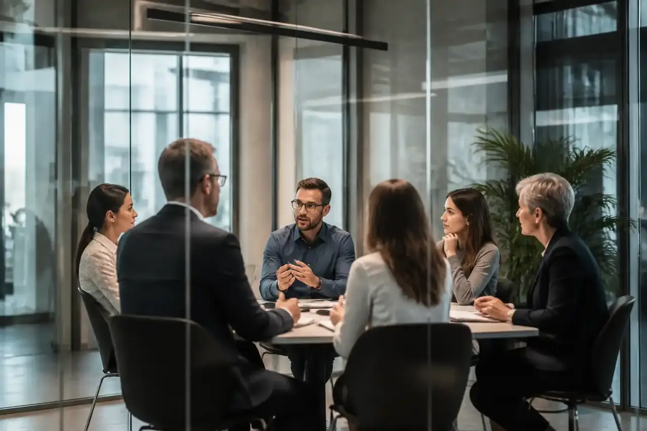 Documents stratégiques et stylo plume sur une table de direction en clair-obscur