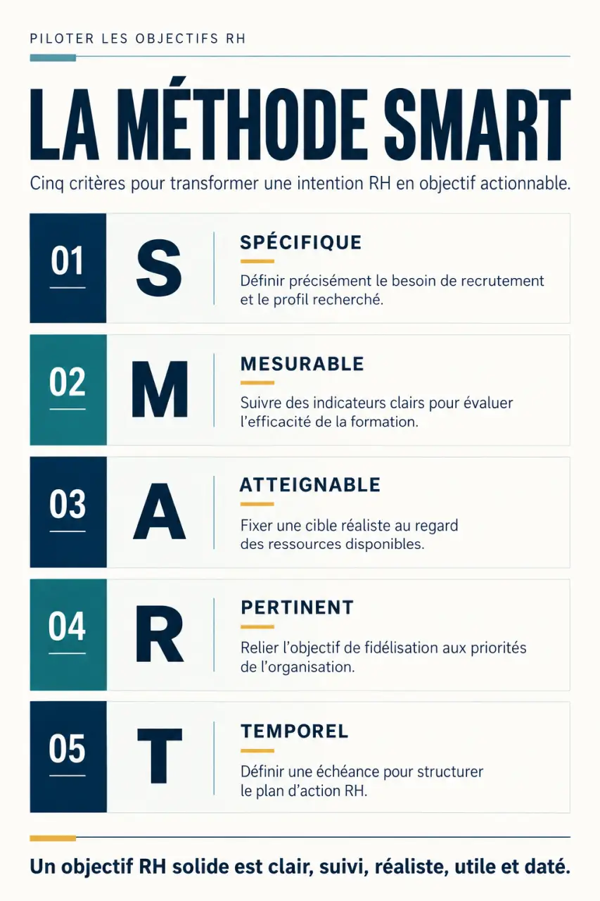Infographie des cinq critères de la méthode smart ressources humaines pour formuler un objectif RH