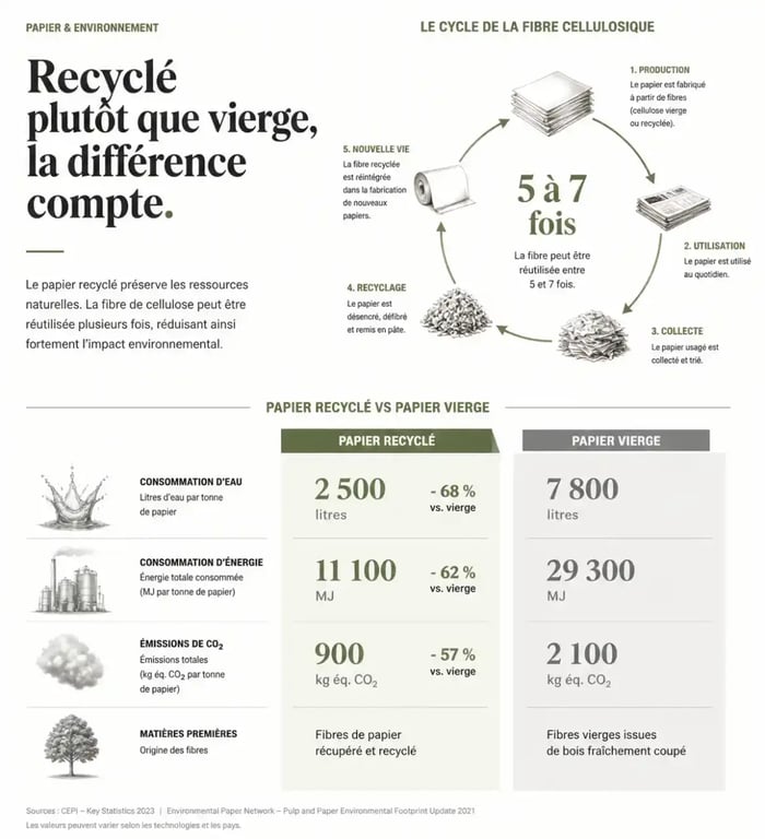 Infographie sur le cycle de recyclage du papier et pourquoi utiliser du papier recyclé pour ses supports de communication