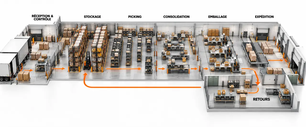 Parcours d’un entrepôt e-commerce de la réception des marchandises à l’expédition et aux retours