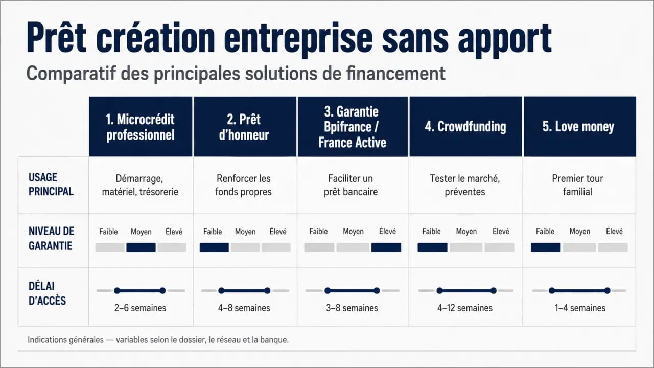 Prêt création entreprise sans apport : comparatif des solutions de financement disponibles