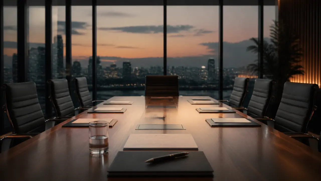 Bureau de direction luxueux avec documents stratégiques sur papier texturé et stylo plume