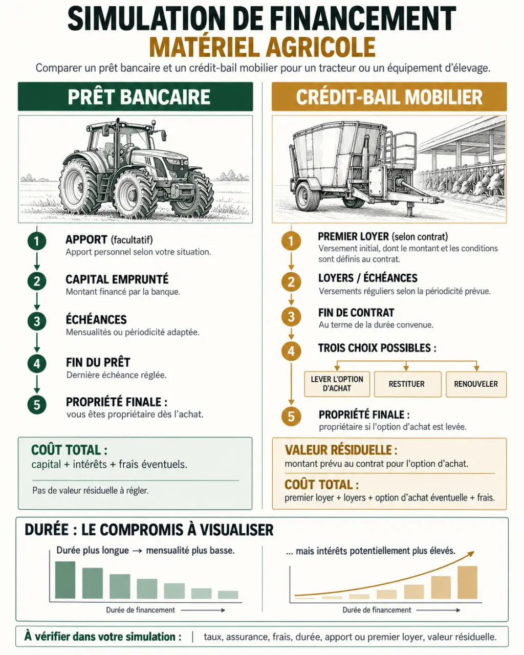 Simulation prêt matériel agricole : comparaison entre prêt bancaire et crédit-bail mobilier