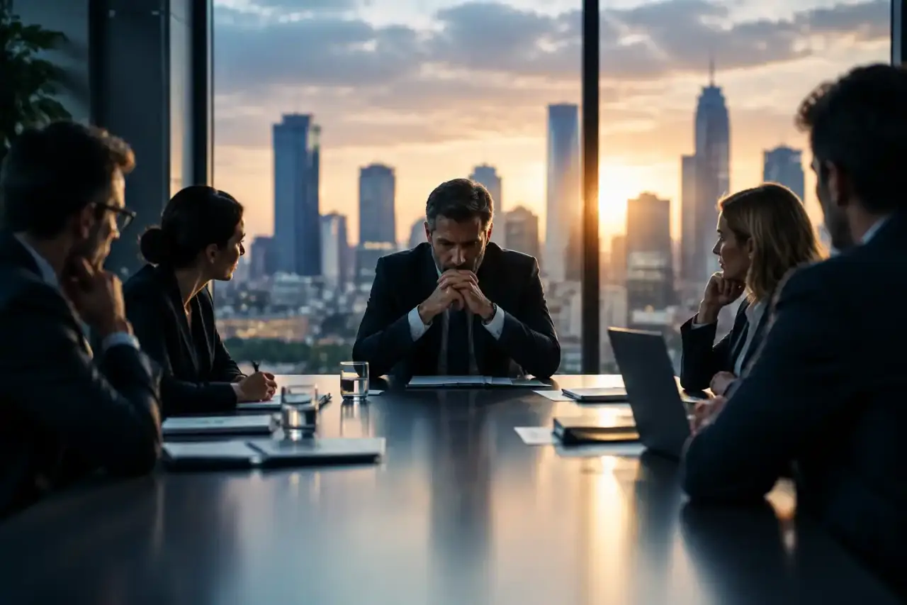 Documents stratégiques sur une table de direction, dans une lumière claire-obscure